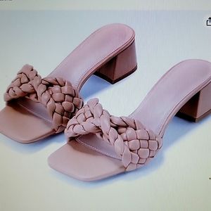 PiePieBuy khaki braided heel sandals slides block heel square open toe 7.5 NEW…